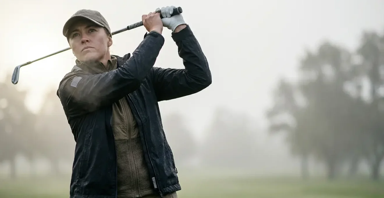 Golfer mid-swing wearing layered waterproof clothing in misty conditions