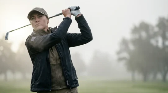 Golfer mid-swing wearing layered waterproof clothing in misty conditions