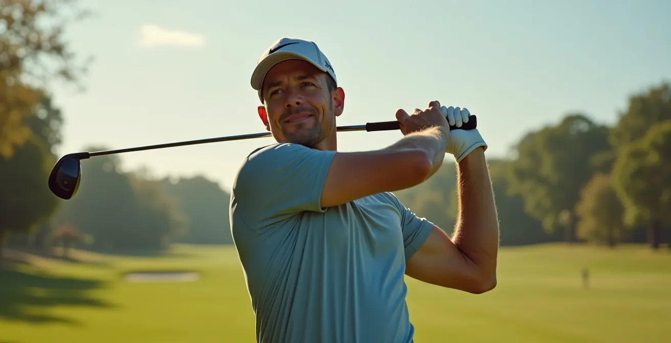 Golfer demonstrating light grip pressure with relaxed forearms during backswing