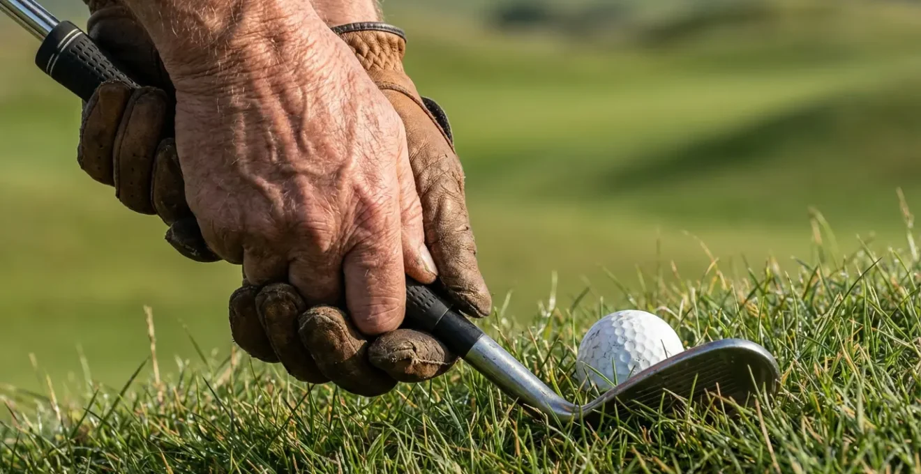 Close-up of golfer's hands demonstrating bump-and-run technique on links course