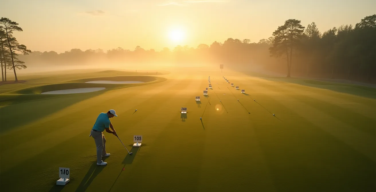 Golfer practicing progressive ladder putting drill at dawn on practice green