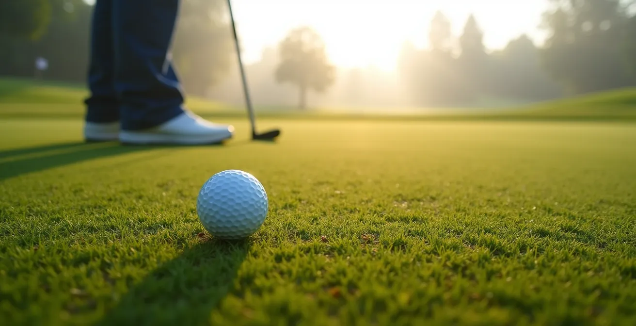 Golfer's perspective view reading the break and line of a crucial putt