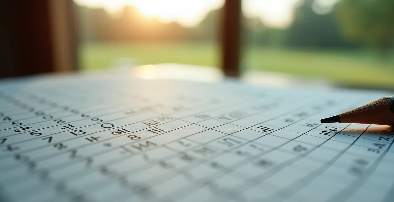 Extreme close-up of golf scorecard with pencil tracking scores