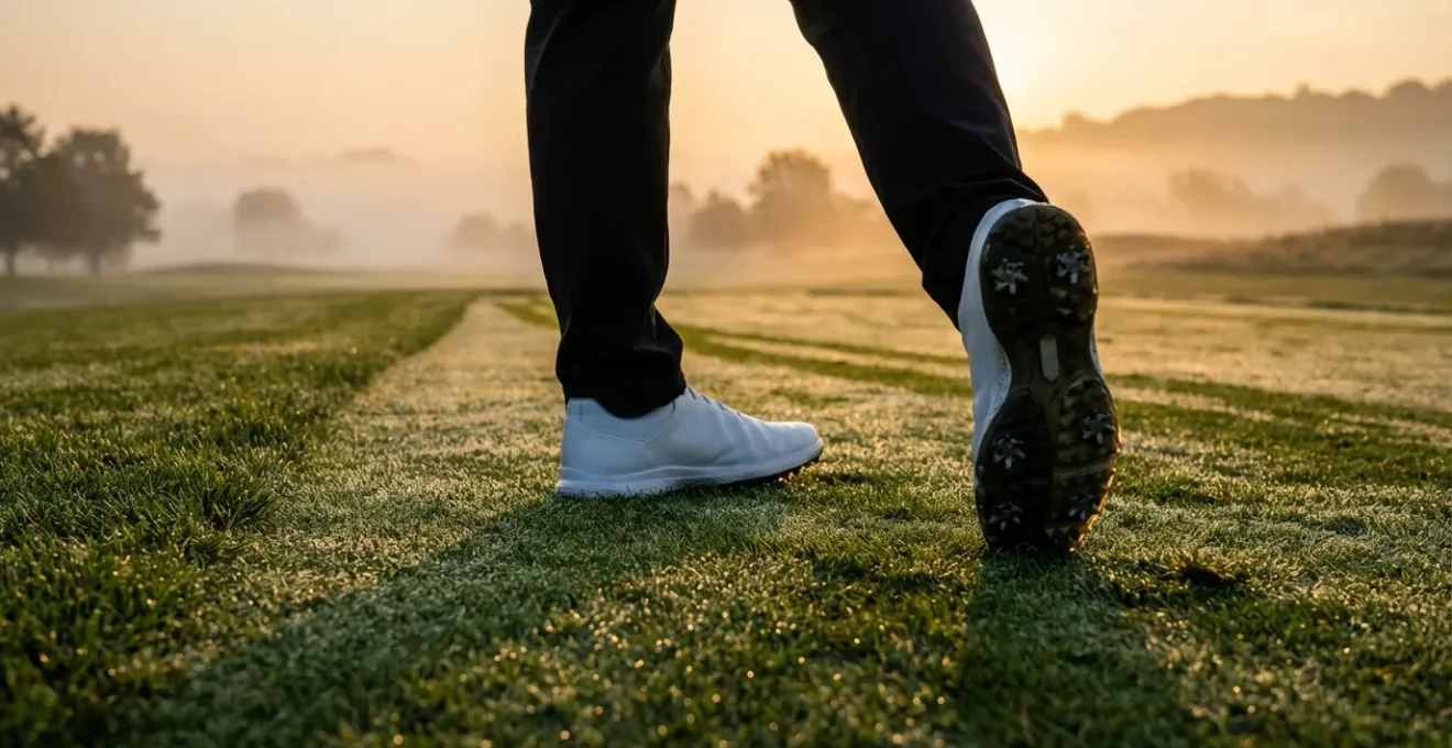 Professional golfer comparing golf shoe types on pristine fairway