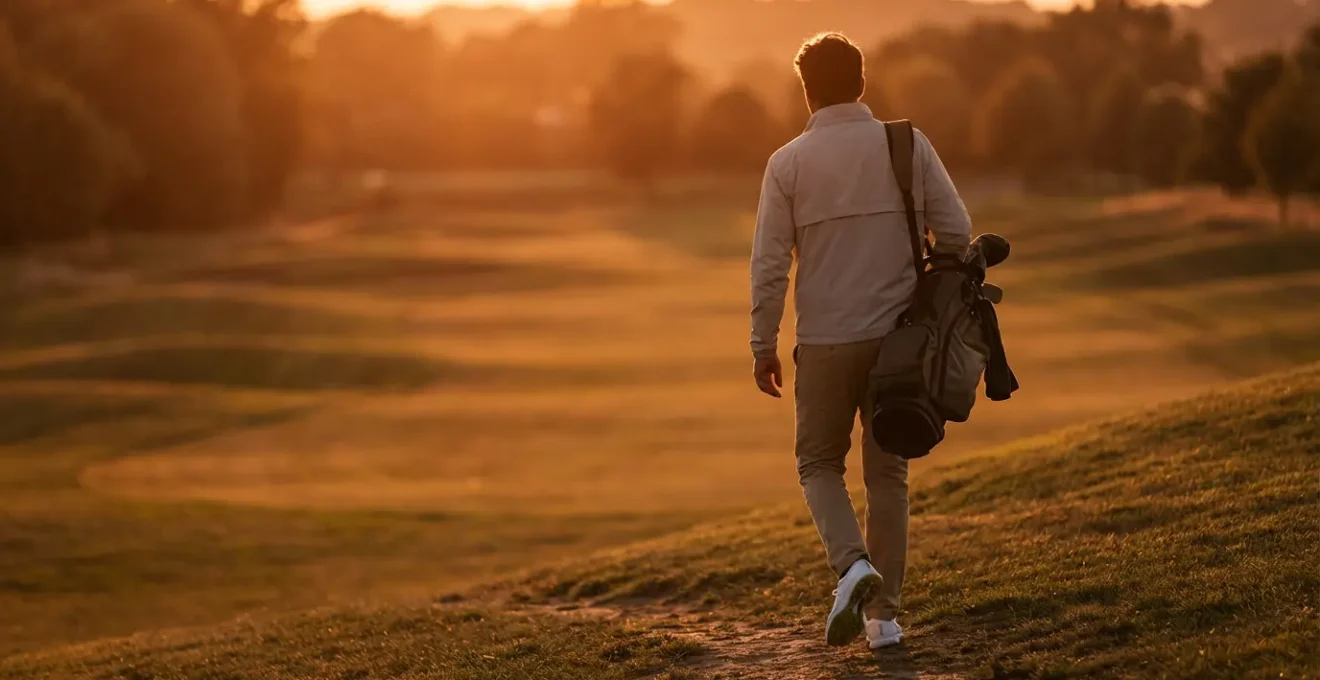 Golfer walking effortlessly across rolling hills in lightweight spikeless shoes