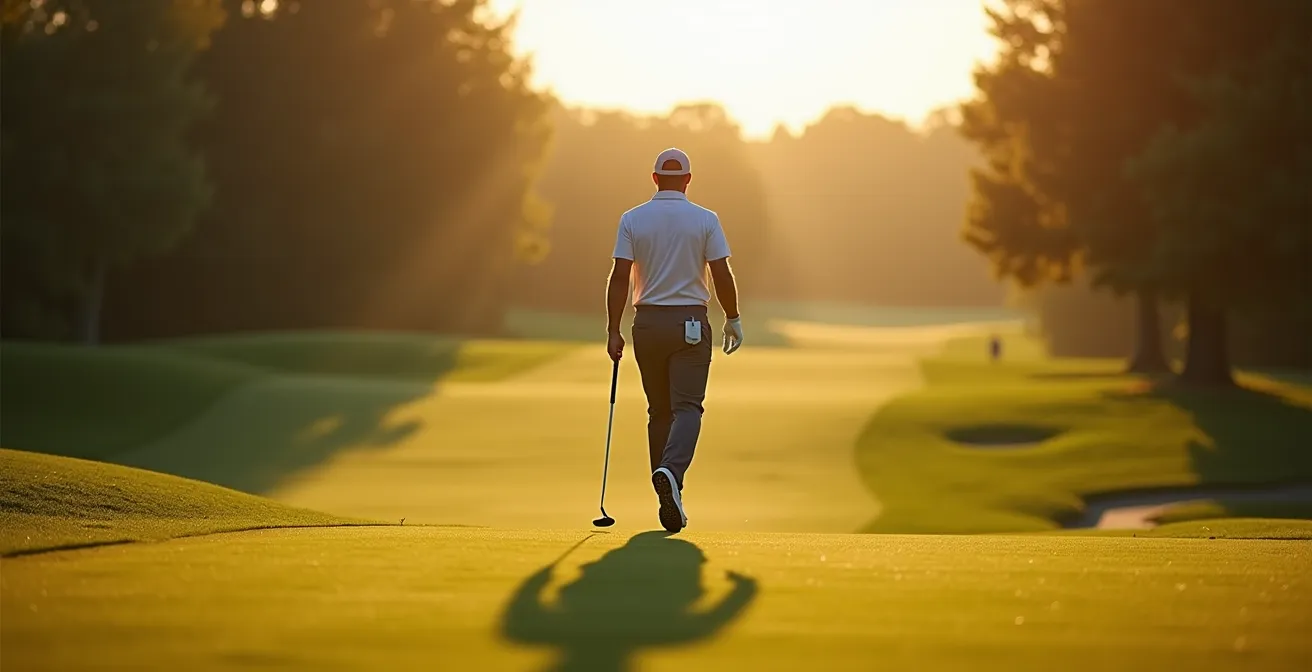 Professional golfer walking off green after putt, demonstrating mental reset posture