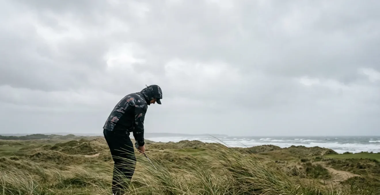 Wide landscape shot of golfer battling wind on coastal links course