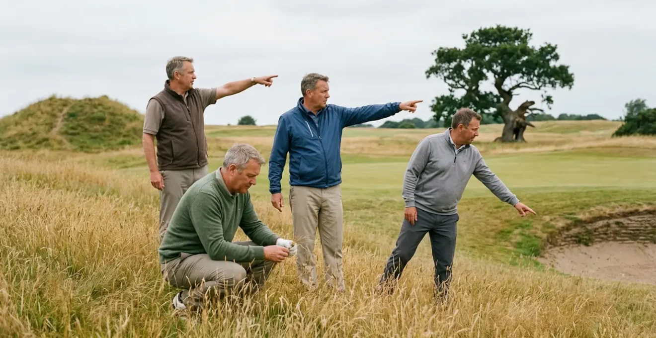 Four golfers spread out marking landmarks while searching for golf ball