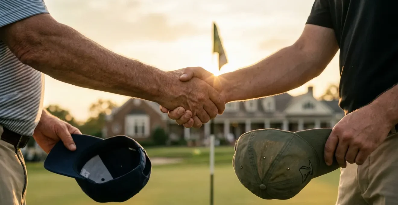 Two golfers sharing respectful handshake with hats removed on 18th green at sunset