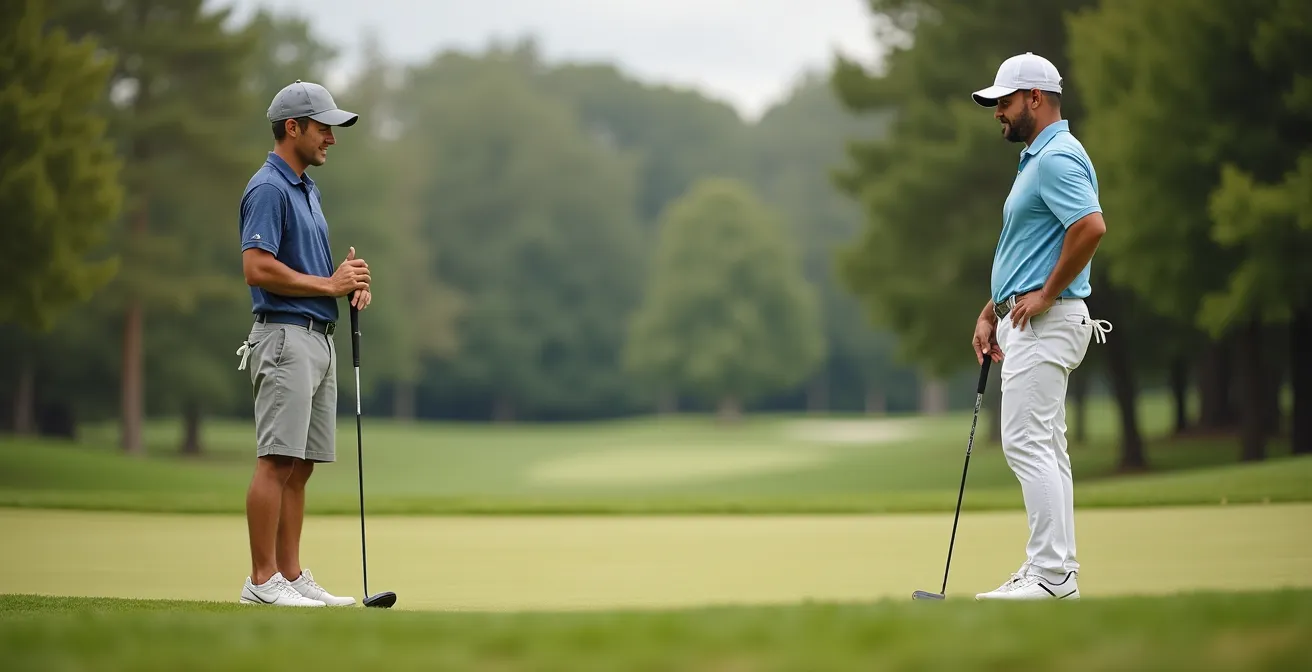 Multiple golfers positioned strategically around tee box demonstrating ready golf principles