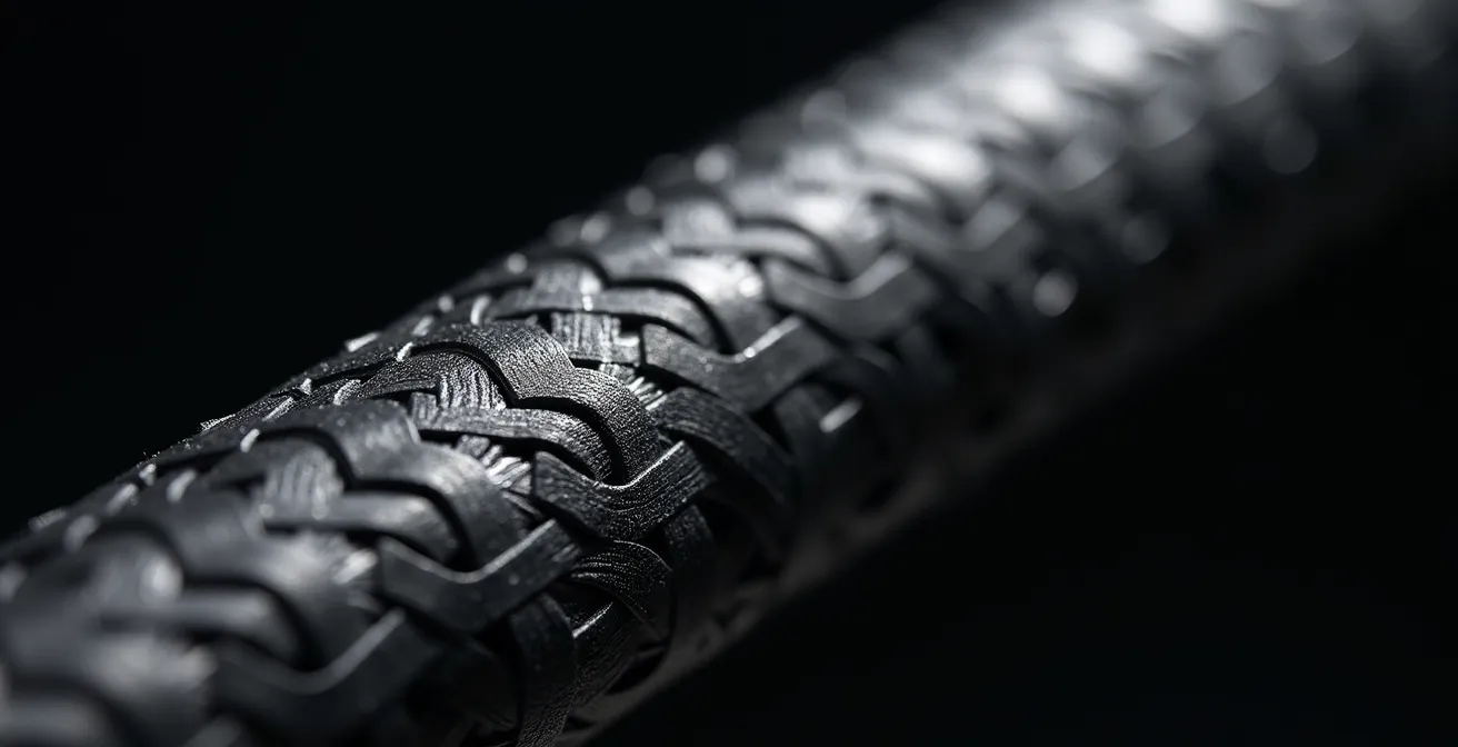 Extreme close-up of graphite shaft composite weave pattern showing vibration absorption