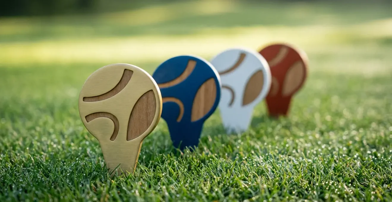 Modern golf course tee markers showing color-coded system without gender labels