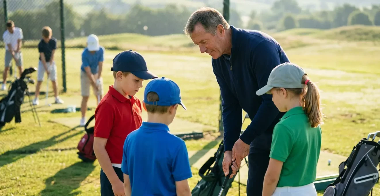 Young golfers receiving professional instruction at resort practice facility