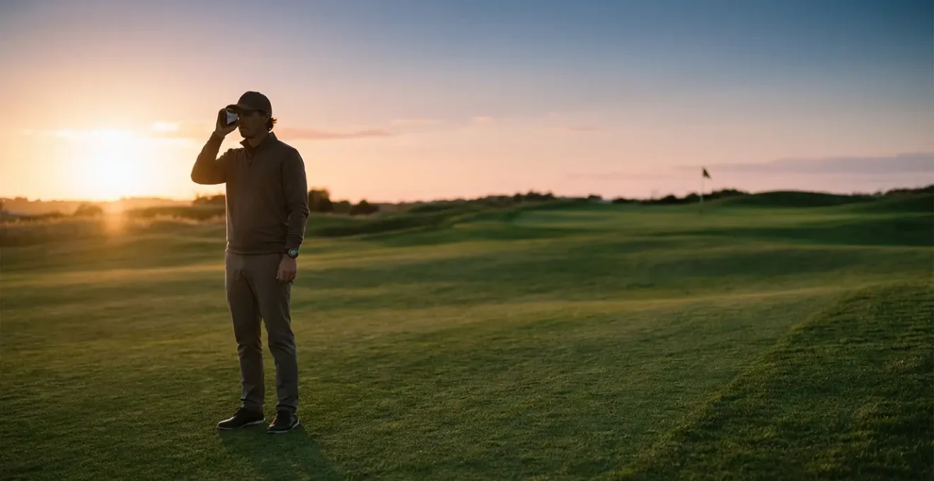 Golfer comparing laser rangefinder and GPS watch on green fairway