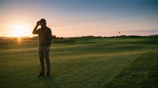 Golfer comparing laser rangefinder and GPS watch on green fairway