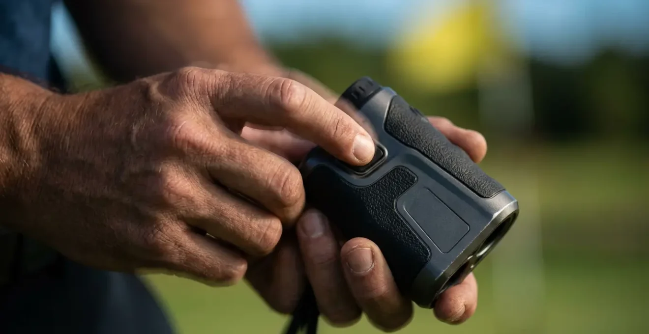 Close-up of hands holding rangefinder with visual indication of vibration feedback