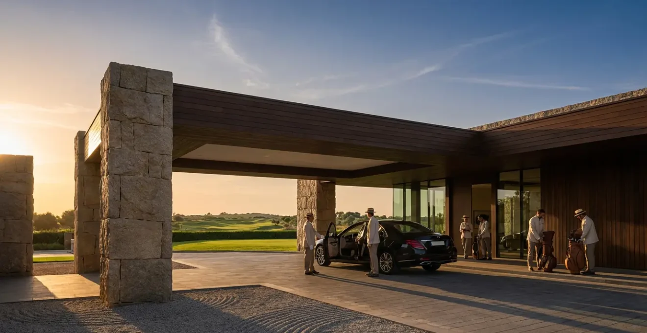 Elegant private golf club entrance with uniformed staff and luxury vehicles under warm afternoon light