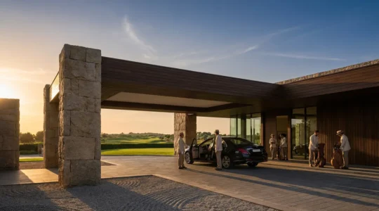 Elegant private golf club entrance with uniformed staff and luxury vehicles under warm afternoon light
