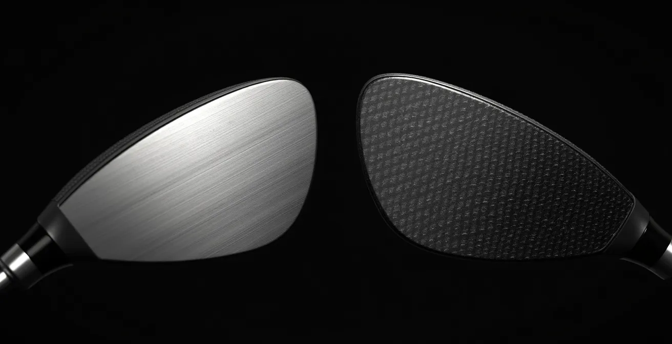 Extreme close-up of golf driver face showing material texture differences