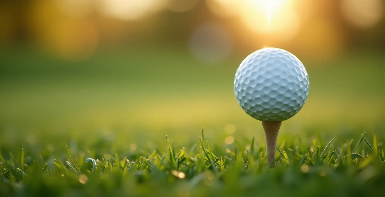 Extreme close-up macro shot of golf ball on tee showing proper height alignment