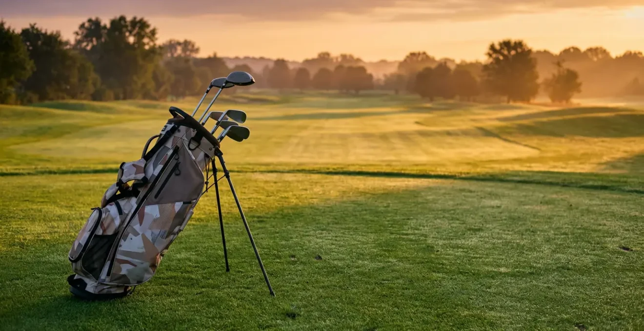 Professional golfer comparing hybrid stand bag features on a golf course