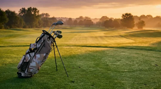 Professional golfer comparing hybrid stand bag features on a golf course