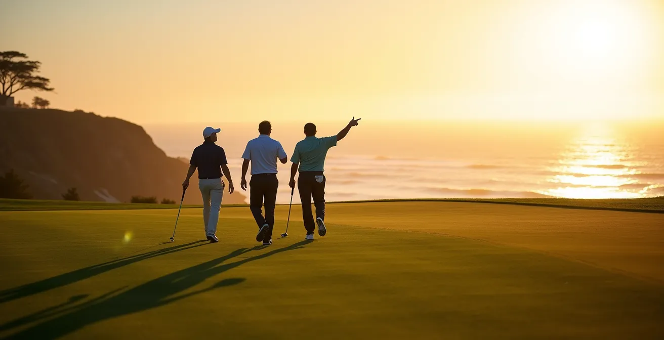 Late afternoon golden light on Pebble Beach's iconic 18th fairway with ocean backdrop