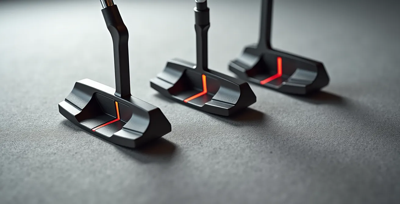 Close-up macro shot of different putter alignment aids showing lines versus dots on putter crown
