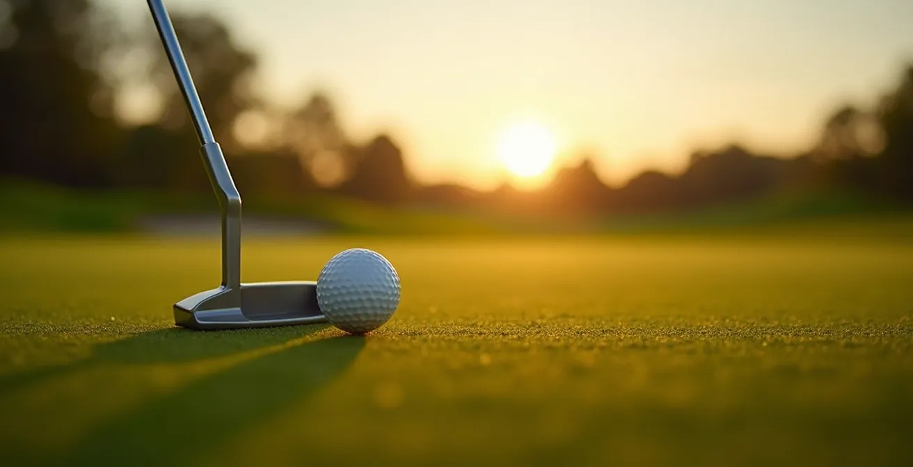 Side view showing putter loft angle at impact with golf ball on green surface