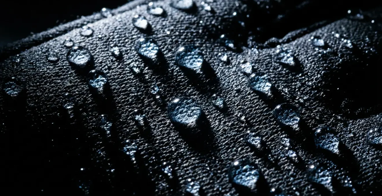 Macro shot of water beading on synthetic rain golf glove material