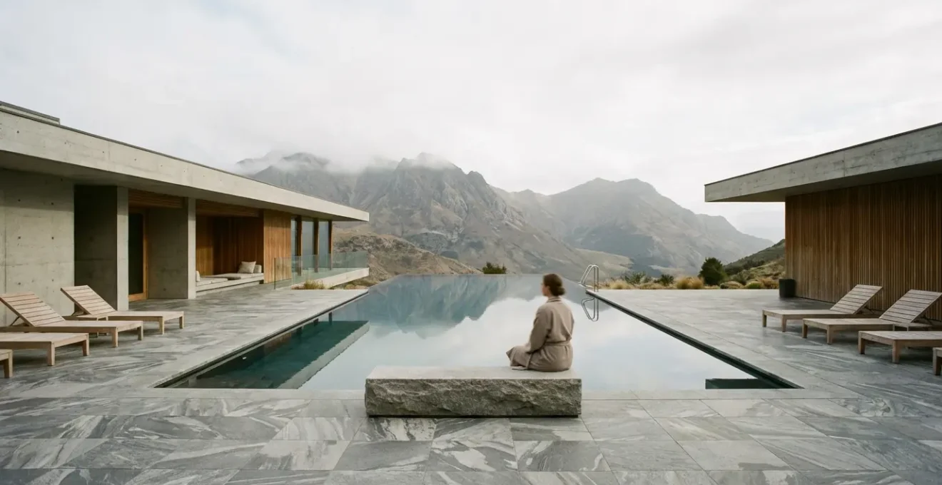 Luxury resort spa pool area with mountain views