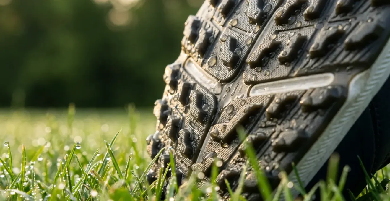 Close-up of modern spikeless golf shoe gripping wet morning grass