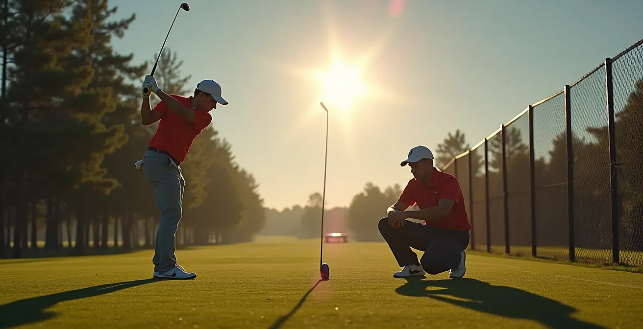 Split composition showing tour pro practicing alone versus PGA professional teaching student