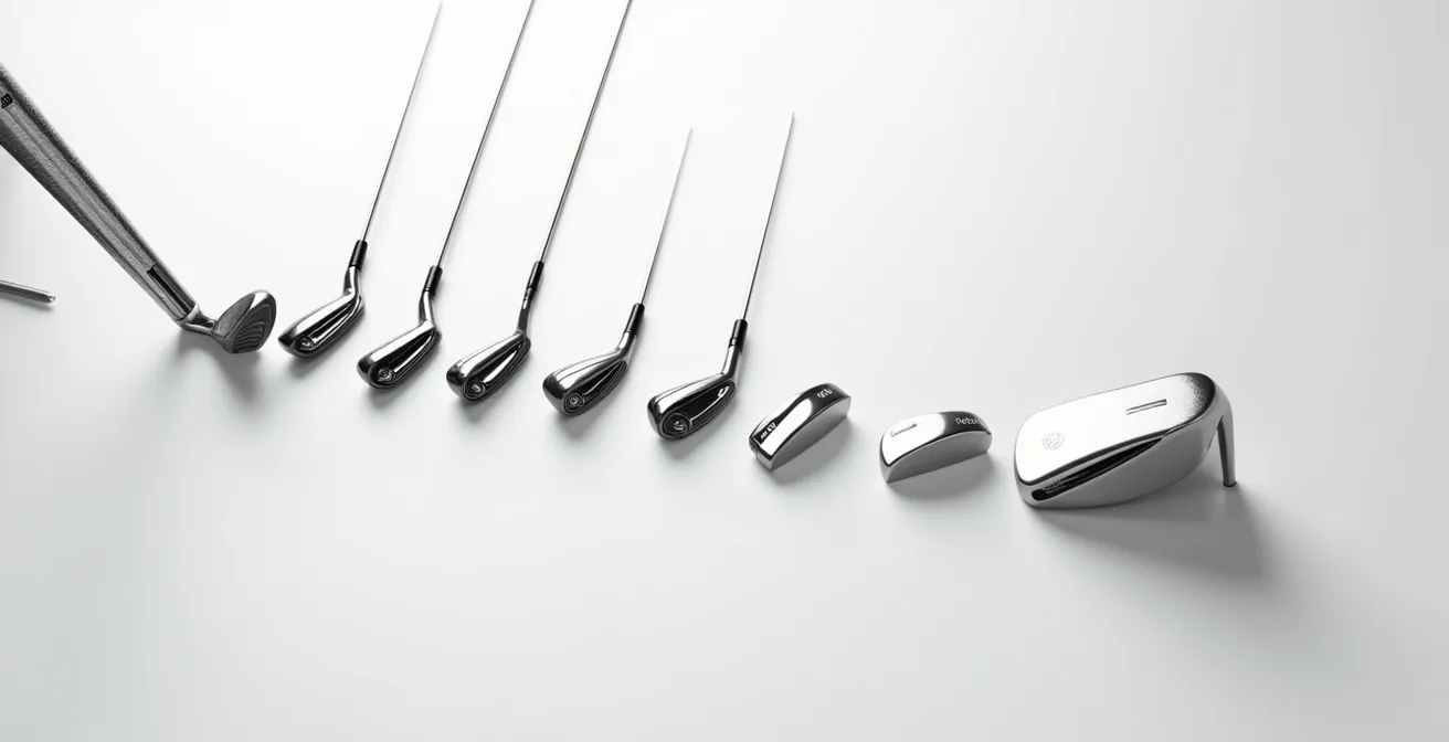 Golf clubs arranged showing a strategic upgrade path from a box set to individual premium clubs.