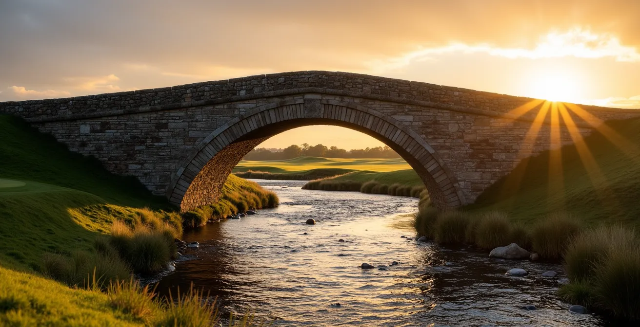 Historic Swilcan Bridge at St Andrews during golden hour