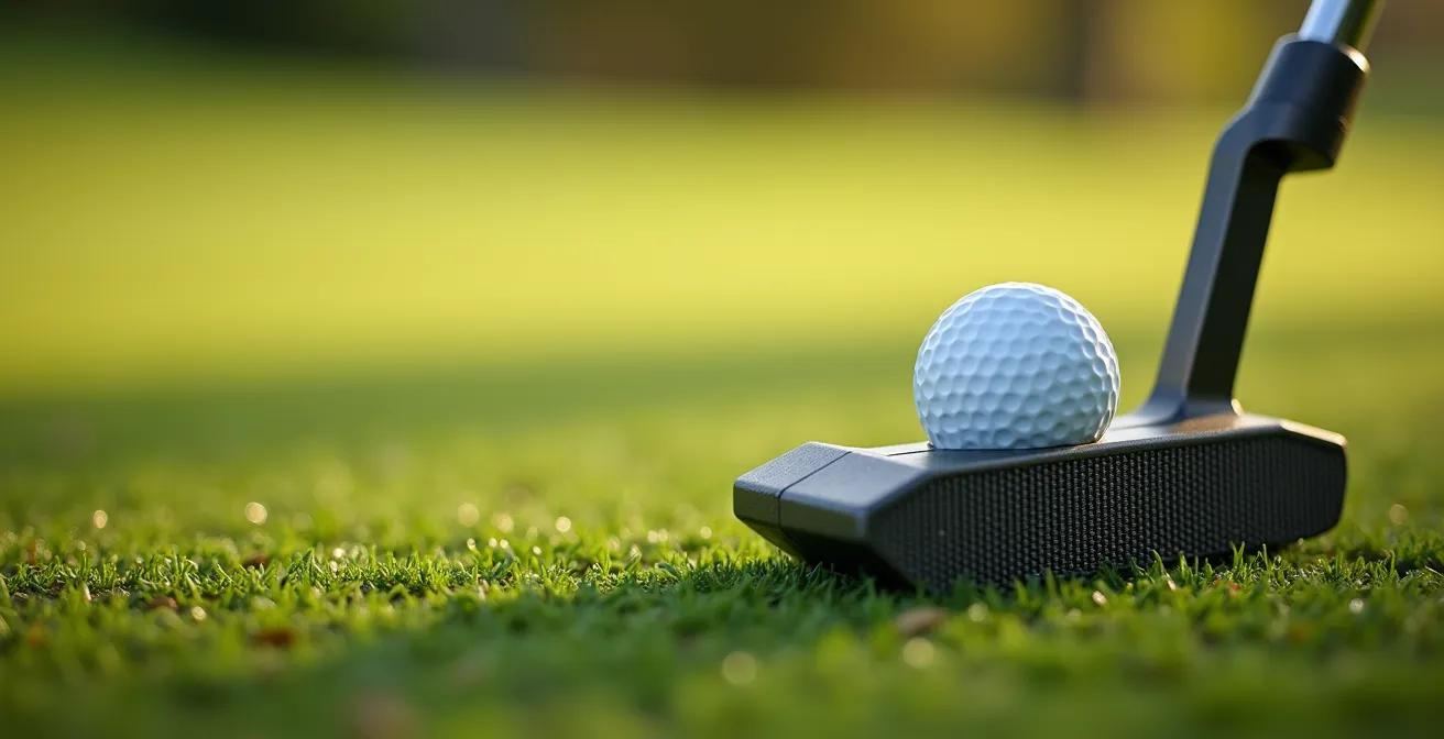 Extreme close-up of putter toe making contact with golf ball on fast green surface