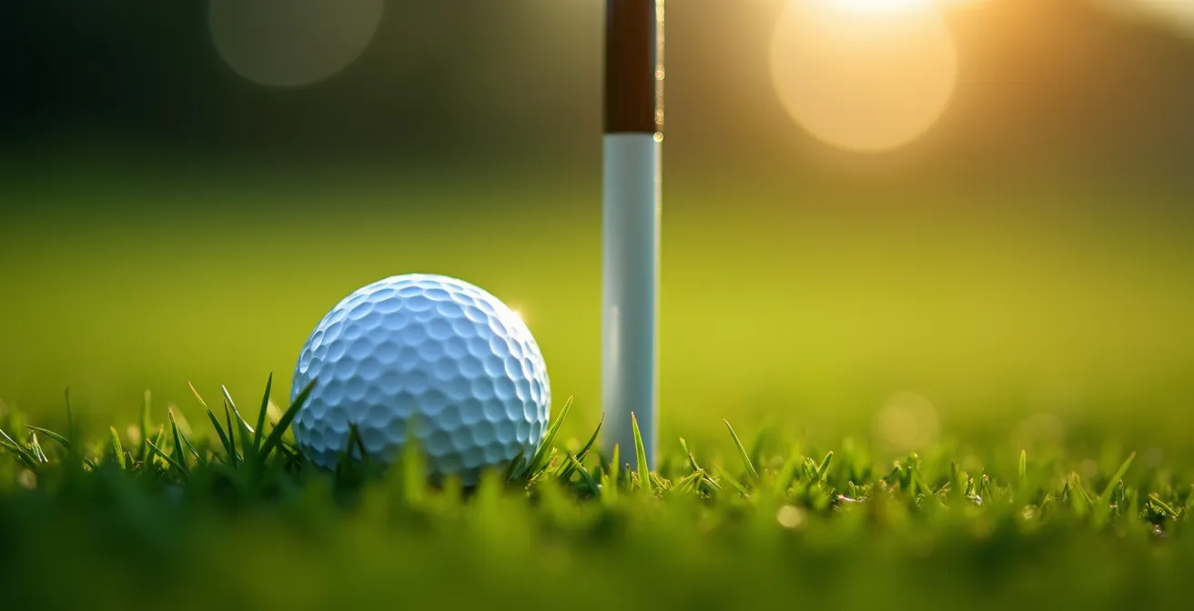 Close-up of golf ball near green with pin in background showing proximity measurement