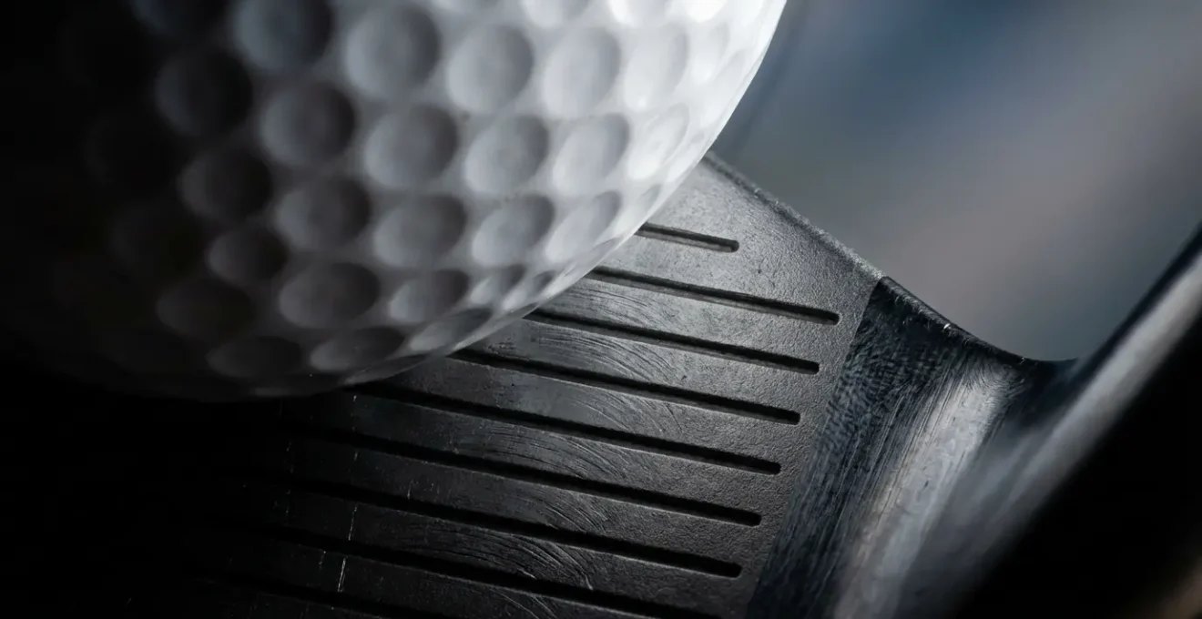 Extreme close-up of golf ball material interacting with wedge grooves