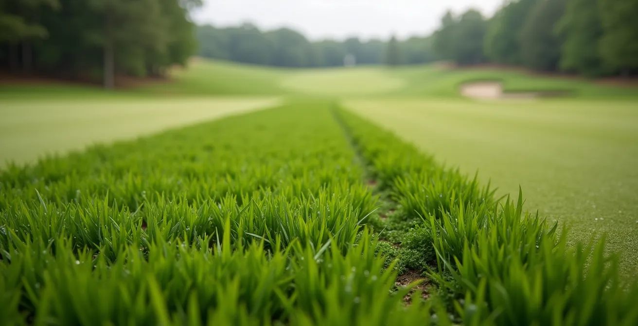 Close-up view of deep rough and narrow fairway at US Open golf course