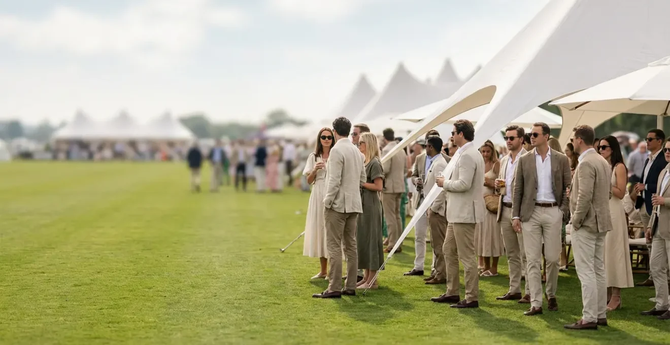 Elegant spectators at upscale golf tournament VIP area