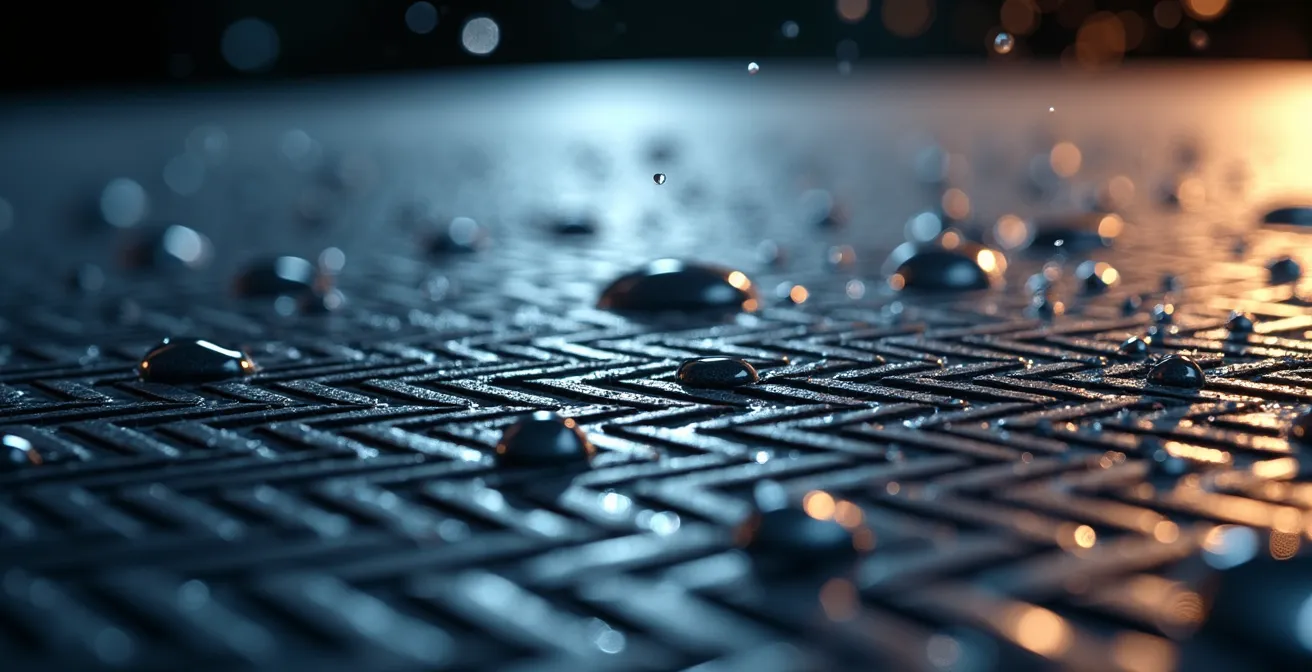 Close-up of golf wedge face showing micro-groove patterns channeling water droplets away from impact zone