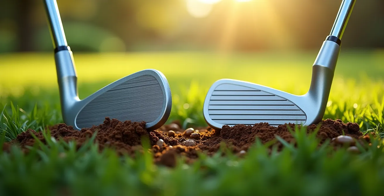 Cross-section view of wide and narrow sole irons interacting with turf at impact