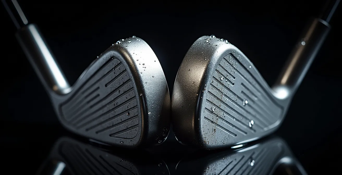 Macro shot comparing new and worn iron grooves showing spin reduction